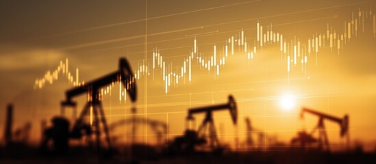 A sunset silhouette of oil pumps with a rising graph overlay, symbolizing the fluctuating oil market and energy industry trends.
