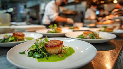 Seared scallops with green sauce greens on plates, chefs in background restaurant kitchen food photography