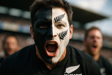 Enthusiastic rugby supporter with painted features cheering at stadium
