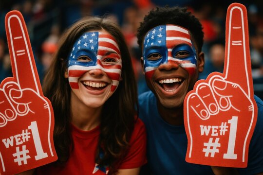 "Enthusiastic sports fans with American flag designs painted on their skin cheering game"