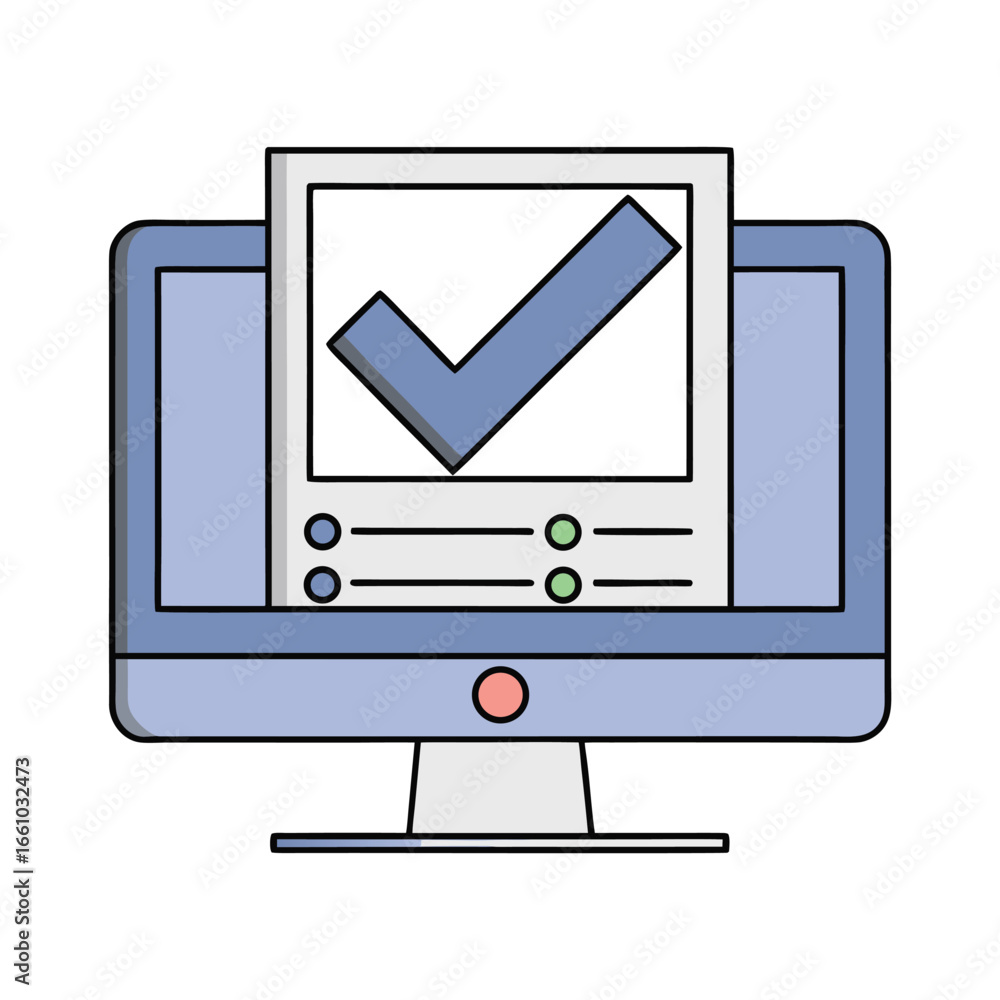 Poster computer screen displaying a checklist with a large blue checkmark monitor