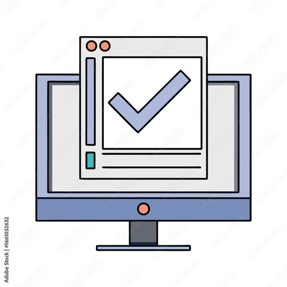 Poster computer screen displaying a checkmark on a white background monitor