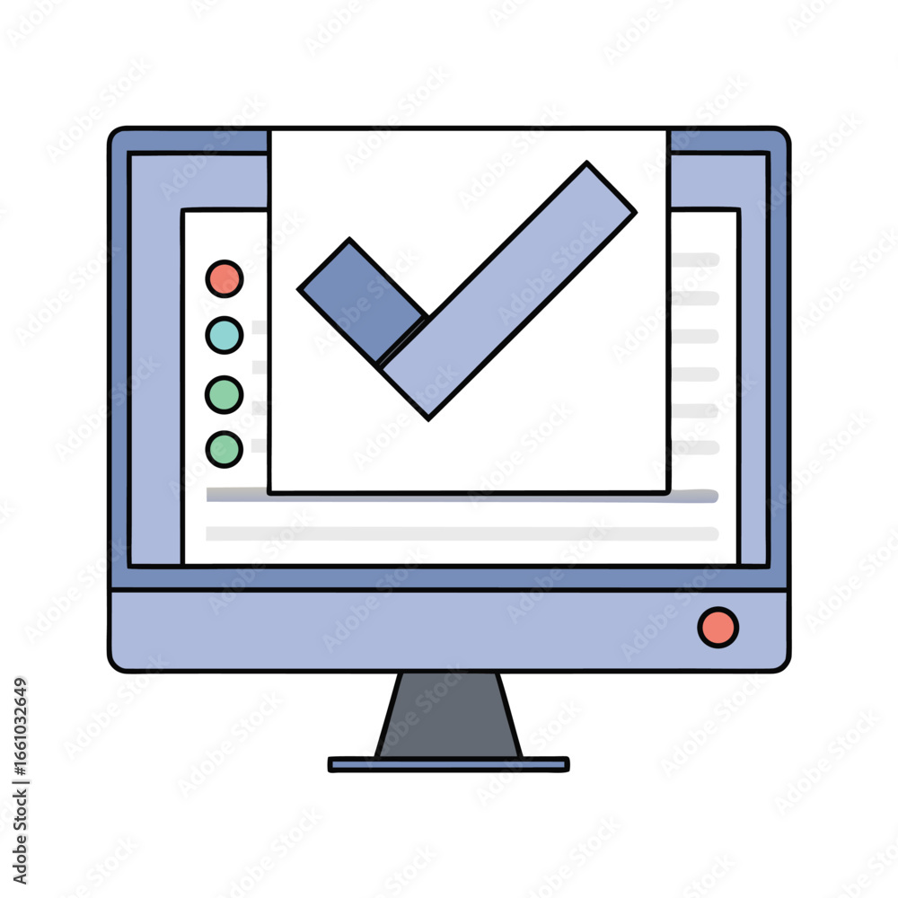 Fototapete computer screen displaying a large blue checkmark and list with colored dots tick