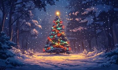 Decorated Christmas tree in a deep forest, adorned with sparkling lights and colorful ornaments. The serene winter forest is blanketed with fresh, untouched snow, creating a peaceful, Generative AI