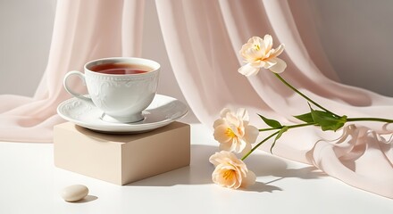 Cozy morning moment soft pastel curtains gentle sunlight delicate tea cup and saucer