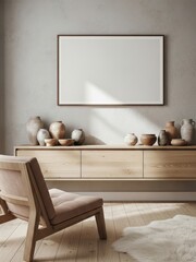 Mockup poster frame in minimalist Scandinavian interior with ceramic vases on wooden sideboard and cozy armchair