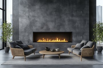 Grey sofa and chair placed against a concrete wall with a fireplace, embodying loft and minimalist home interior design for a modern living room. 3D rendering, Generative AI