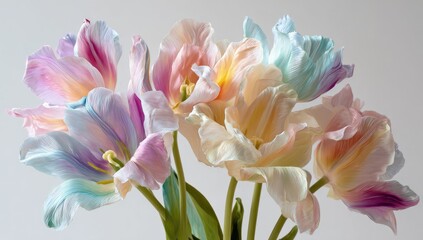 Fototapeta premium Pastel colored tulips in full bloom, vibrant petals, soft light, studio shot