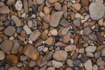 A top-down, detailed texture of smooth, multi-colored river stones and pebbles, creating a natural and abstract background.