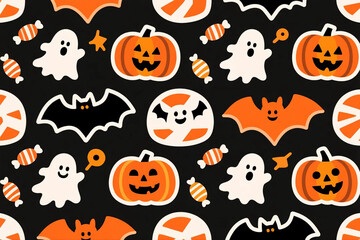 Vector seamless pattern of bats, pumpkins, ghosts, and candies.