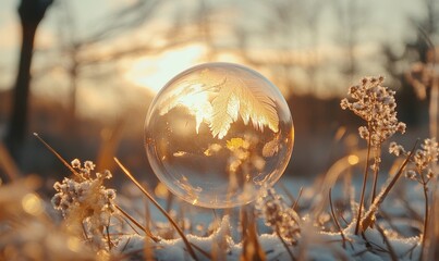 Frozen soap bubble in crisp, cold air reflecting golden hour sunlight. This serene image captures the beauty and fragility of winter in a peaceful and visually stunning manner, Generative AI