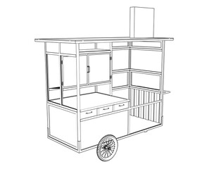 Monochrome Outline Wireframe Food Cart Technical Drawing, Simple Line Art Vector Blueprint. Isolated Mobile Street Vendor Stall for Business Startup, Catering Equipment Design, Retail Trolley, Market