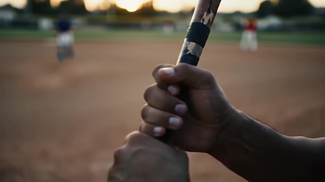 Close Up of Hands Gripping Baseball Bat with Players on Field in Background During Sunset