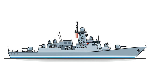 Detailed illustration of a modern naval warship with advanced weaponry systems and radar technology on a white background