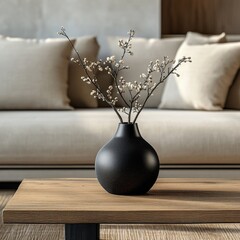 Close-up view of a stylish stone round vessel sink on a rustic wooden counter, with a black wall-mounted faucet on a grey stucco wall, offering copy space for minimalist interior design, Generative AI