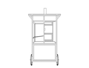 Blueprint of a Mobile Fried Food Cart Fryer: Detailed Wireframe Outline for Street Food Vending and Outdoor Catering Service – Monochrome Engineering Drawing and Business Concept Illustration.