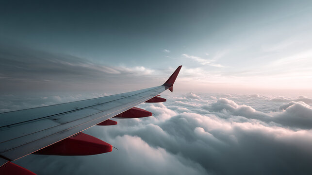 A close-up captures a scenic airplane wing flying above a sea of fluffy clouds at sunset.