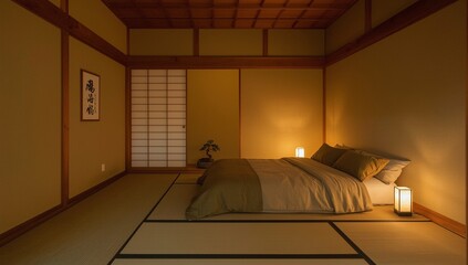 Japanese zen bedroom with tatami flooring shoji screens minimal furniture and warm ambient lighting for peaceful meditative ambiance