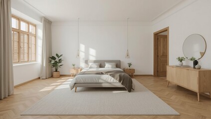 Scandinavian bedroom featuring neutral tones wooden textures and natural lighting with modern minimalist furnishings and cozy layered bedding