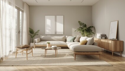 Scandinavian living room with bright oak furniture natural daylight large windows lush plants soft textured furnishings