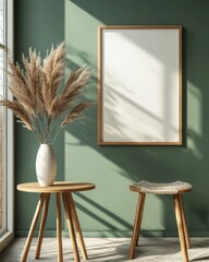 Wood side table with a blue and mustard vase filled with twigs, placed near a blank mock-up poster frame with copy space, positioned against a turquoise wall. Scandinavian home, Generative AI