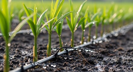 Rows of young palm oil plants with a drip irrigation system, healthy growth in fertile soil.