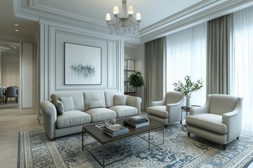 Classic cozy room featuring a gray sofa and armchairs, designed in a modern living room style. 3D rendering, Generative AI