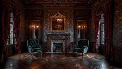 Victorian living room deep burgundy velvet drapes carved wood fireplace ornate mirror chandeliers moody evening lighting