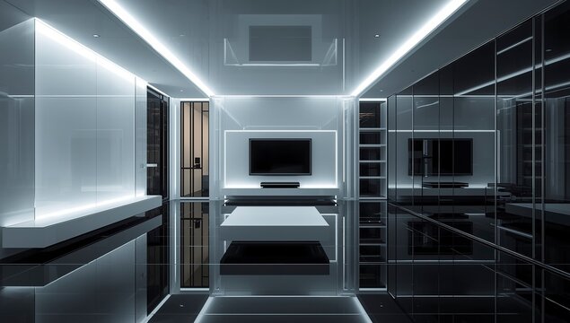 Futuristic minimalist living room with metallic surfaces glass partitions low furniture smart lighting in sleek monochrome palette