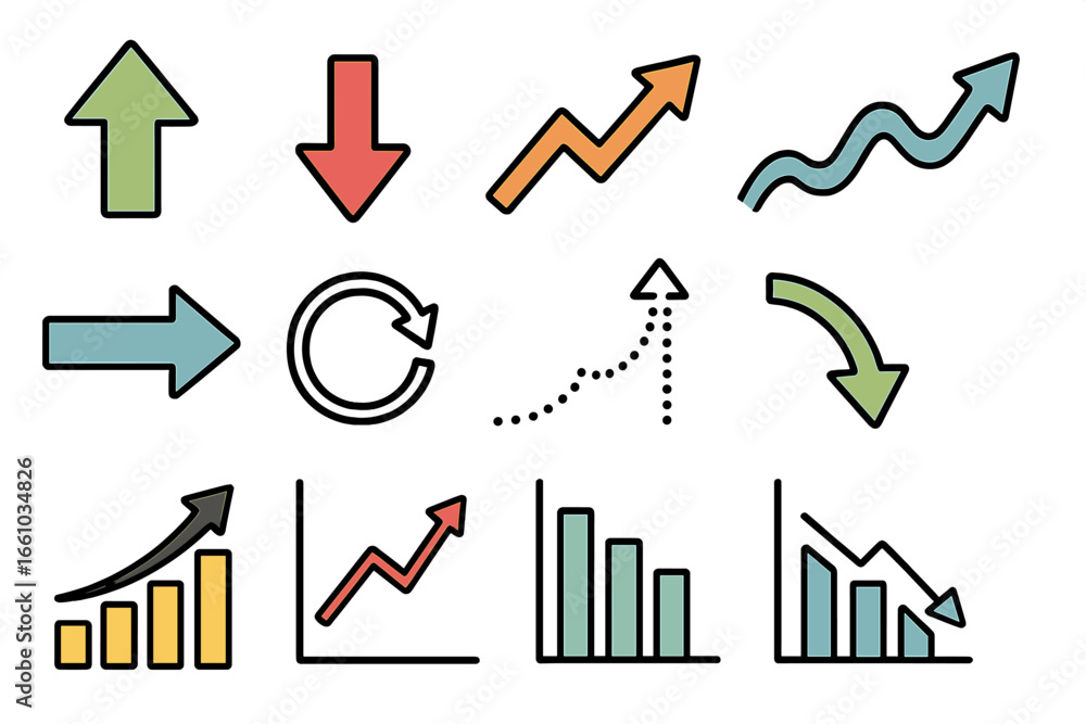 Poster vector arrows and chart icons set for business data analysis. directional arrow, upward, downward, c