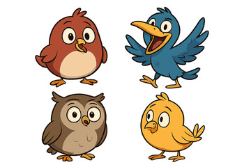 Fototapeta premium Cartoon Birds Collection. Cute Colorful Bird Characters. Happy Owl, Robin, Crow, Chick Vector Illustration. Fun Animal Mascots. Playful Avian Designs for Children. Isolated EPS Clipart.