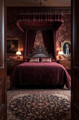 Victorian bedroom with carved canopy bed floral wallpaper antique vanity oil paintings warm lamplight moody luxurious setting