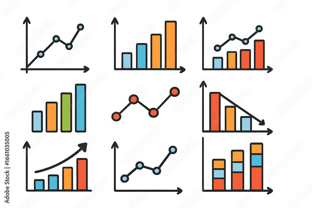 Aufkleber colorful vector set of line and bar chart symbols for business analytics, statistical data visualiza