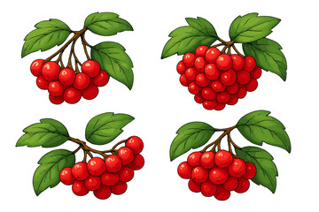 Red Berry Clusters with Green Leaves Vector Set. Vibrant Branches in Naturalistic Cartoon Style. Decorative Autumn Berry Illustration. Botanical Plant Clipart for Design, Transparent Background