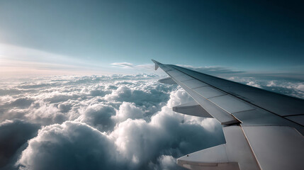 Obraz premium Wing view over a sea of clouds on a bright day, showcasing travel, freedom, and aerial perspective.