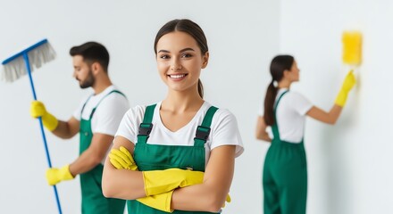 A team of professional cleaners in green uniforms and yellow gloves, ready to work, with one member smiling at the camera
