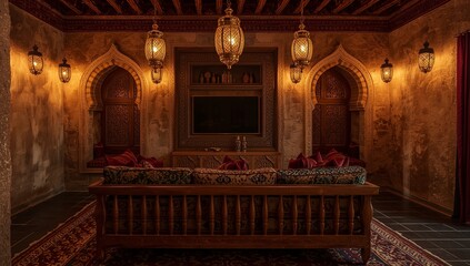 Moroccan TV lounge patterned cushions carved wood panels hanging lanterns arched niches warm glow textured walls evening ambiance