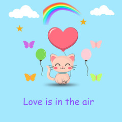 Cute Cat with Heart Balloon and Rainbow – Love is in the Air Illustration
