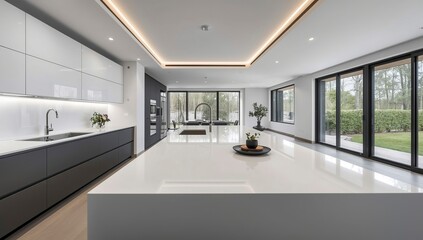 Contemporary home kitchen glossy cabinets quartz countertops LED lighting built-in appliances sleek layout open floorplan modern textures
