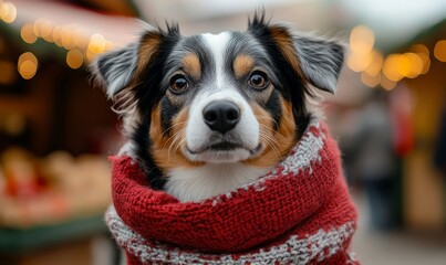Lonely dog with a scarf standing in front of a vibrant Christmas market, feeling the festive winter atmosphere. This heartwarming image symbolizes the charm of the holiday season, Generative AI