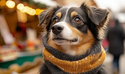 Lonely dog with a scarf standing in front of a vibrant Christmas market, feeling the festive winter atmosphere. This heartwarming image symbolizes the charm of the holiday season, Generative AI