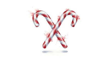 Two Sweet Stripped Confectionery Canes Intersected Symbolizing Winter Holidays Celebration with Festive Sparkles and Subtle Reflections on a Clean White Background
