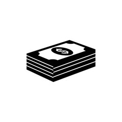 A simple black and white icon of a stack of paper money with a dollar sign symbol.
