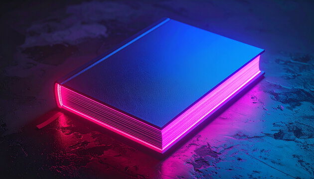 A glowing book with a blue cover and pink edges, resting on a dark surface.