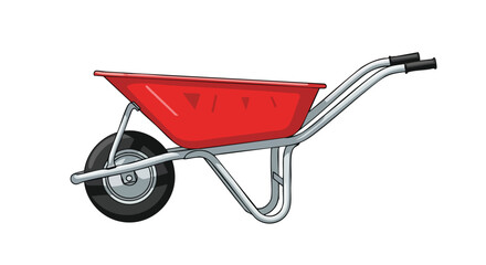 Illustration showcasing a vibrant red wheelbarrow, angled to the side on a plain white background, perfect for gardening themed materials and
