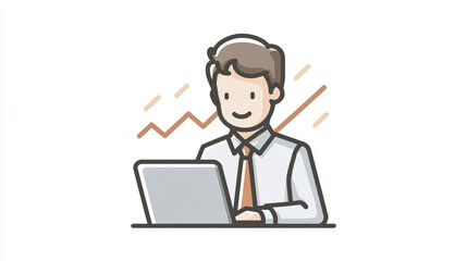 vector illustration of a businessman, seated at a desk with a monitor laptop. displaying a bar graph, symbolizing business analysis and growth.