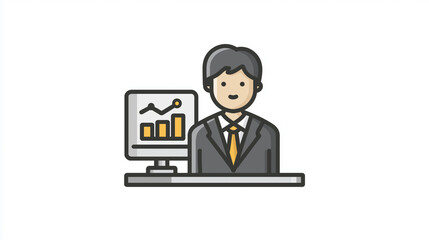 vector illustration of a businessman, news reporter in a suit seated at a desk with a monitor displaying a bar graph, symbolizing business analysis and growth.