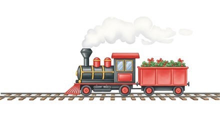 Festive Steam Locomotive Transporting Holiday Decorations Along Snowy Railway Tracks During a Winter Season Journey