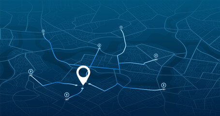 Location EV charging station location mark on gps navigation map a lot with fast supercharger station. Path turns and destination tag or mark. Huge city top view Tracking path, route. vector isometric