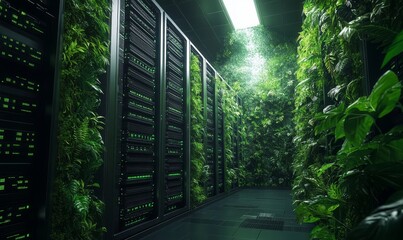 High-tech server room in the heart of a lush forest, combining advanced technology and untouched nature. This setting represents the potential for sustainable tech development, Generative AI